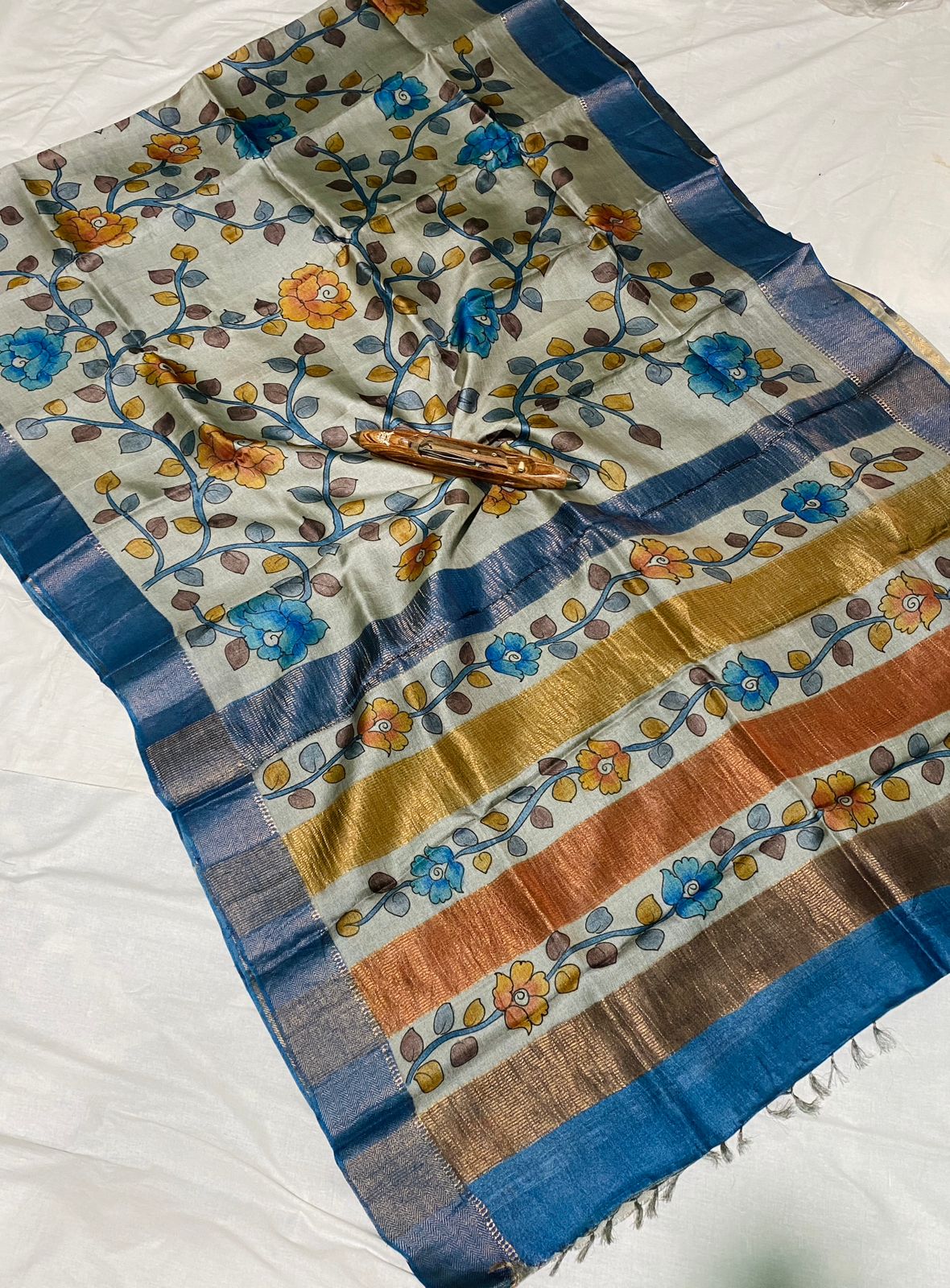 Pure Tussar Hand Paint Kalamkari Saree - Image 3