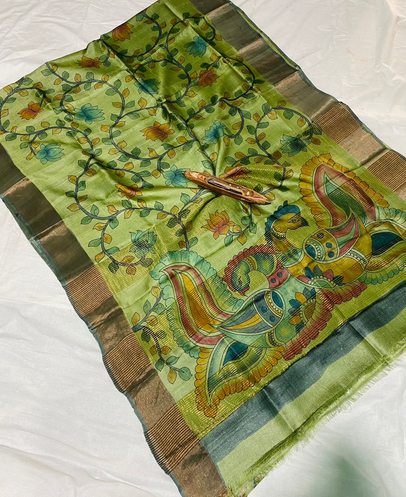 Pure Tussar Hand Paint Kalamkari Saree - Image 2