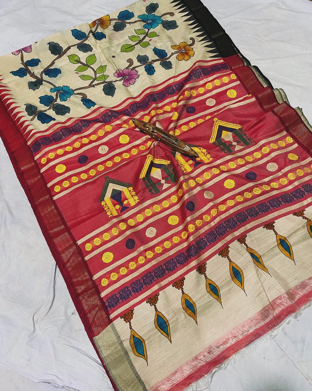 Pure Kosa Tussar Dola Bedi with Kalamkari - Image 2