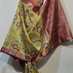 Pure Tussar Pen Kalamkari In weaving Pallu